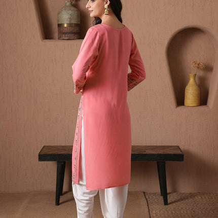 Qazmi Women's Mahsa Kashmiri Aari Work Straight Kurta