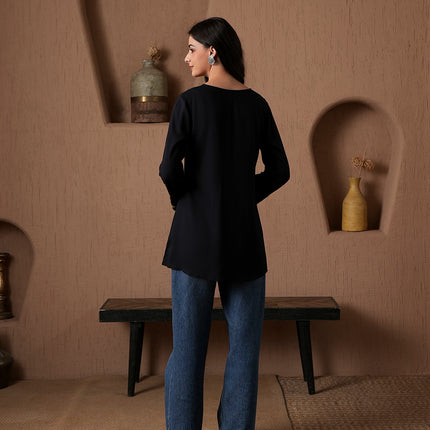 Qazmi Women's Kashmiri A-Line Full Sleeves Viscose Rayon Black Flared Short Kurti