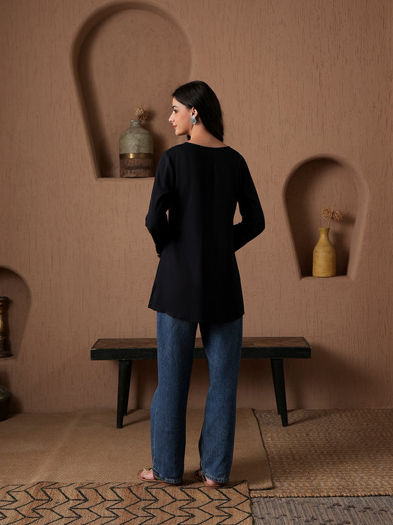 Qazmi Women's Kashmiri A-Line Full Sleeves Viscose Rayon Black Flared Short Kurti