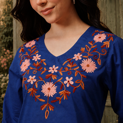 Qazmi Women's Nafisa Kashmiri Aari Work V-Neck Blue Kurti