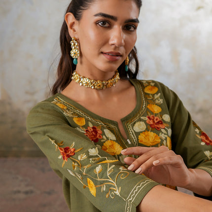 Qazmi Women's Zaynab Kashmiri Aari Work Cotton Linen Olive Green Kurta