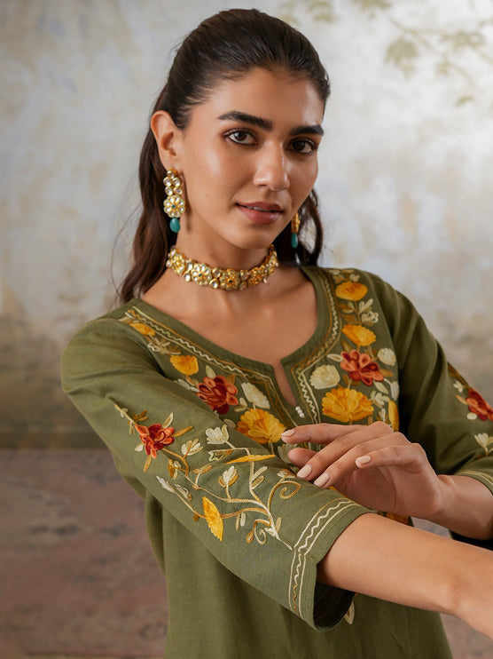 Qazmi Women's Zaynab Kashmiri Aari Work Cotton Linen Olive Green Kurta