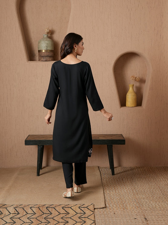 Qazmi Women's Mysa Kashmiri Aari Work Dark Wine Kurta Set