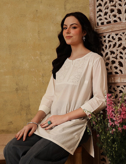 Qazmi Women's Pure Cotton Kashmiri Aari Work White Kurti