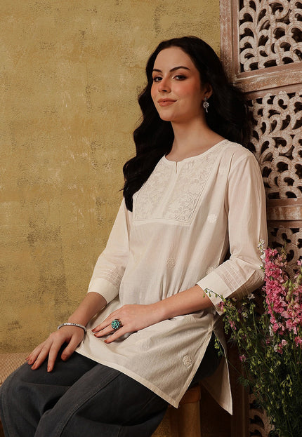 Qazmi Women's Pure Cotton Kashmiri Aari Work White Kurti