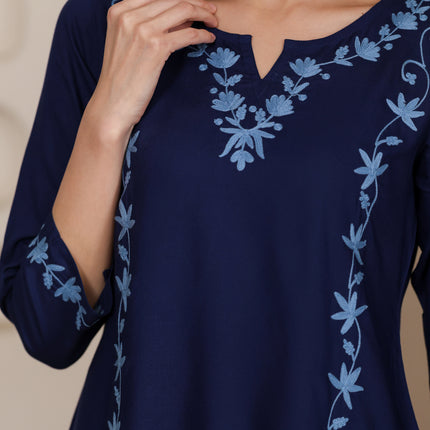 Qazmi Women Kashmiri Aari Embroidered A-Line Viscose Rayon Short Kurti with Full Sleeves