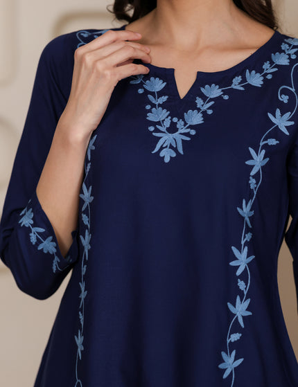 Qazmi Women Kashmiri Aari Embroidered A-Line Viscose Rayon Short Kurti with Full Sleeves