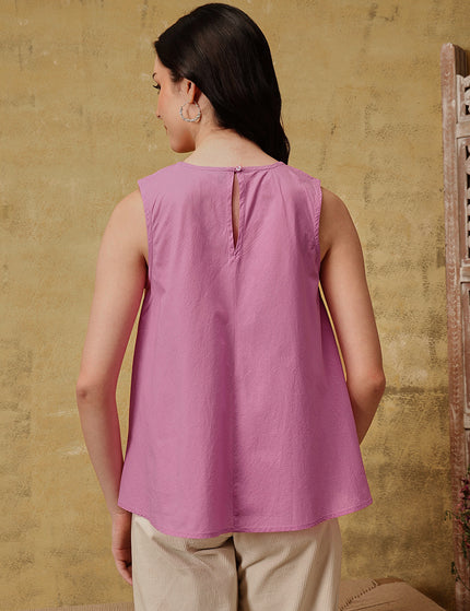 Qazmi Women's Aari Work Pink Sleeveless Peplum Cotton Kurti