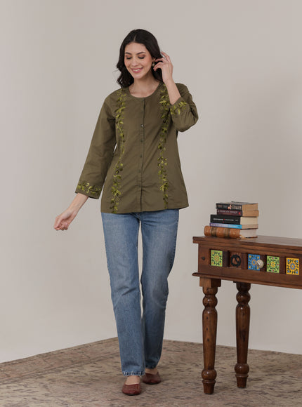 Qazmi Women Aari Embroidered Pure Cotton Mandarin Collar Top