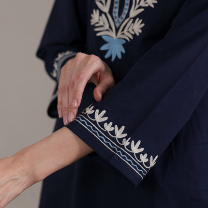 Qazmi Women Aari Embroidered Pure Cotton Short Kurta with Full Sleeves