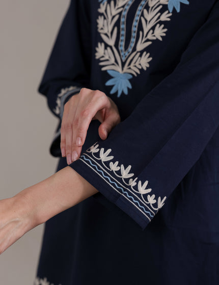 Qazmi Women Aari Embroidered Pure Cotton Short Kurta with Full Sleeves