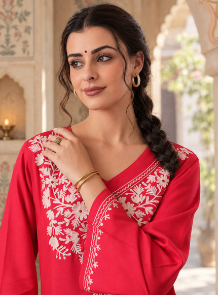 Qazmi Women's Kashmiri Aari Work Red CoOrd Set
