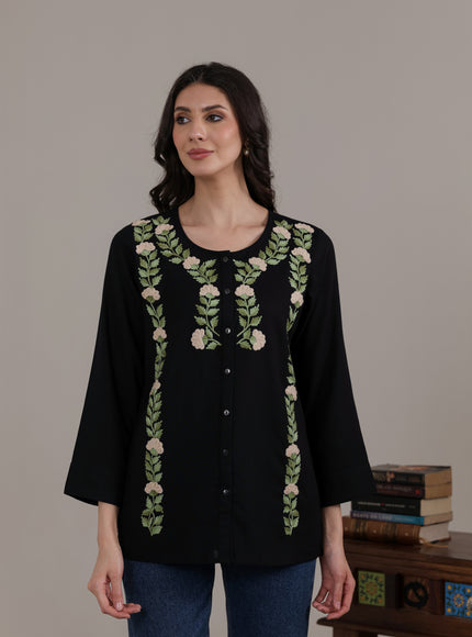 Qazmi Women Aari Embroidered Cotton Linen Buttoned Top