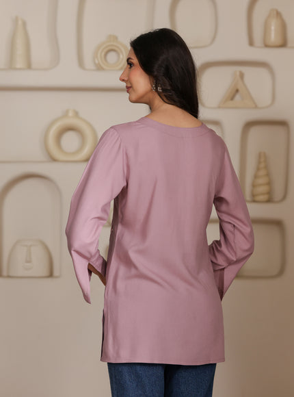 Qazmi Women Kashmiri Aari Embroidered Viscose Rayon Flared Sleeves Short Kurti