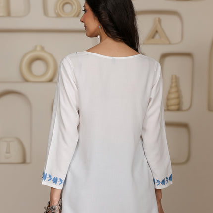 Qazmi Women Kashmiri Aari Embroidered A-Line Viscose Rayon Short Kurti with Full Sleeves
