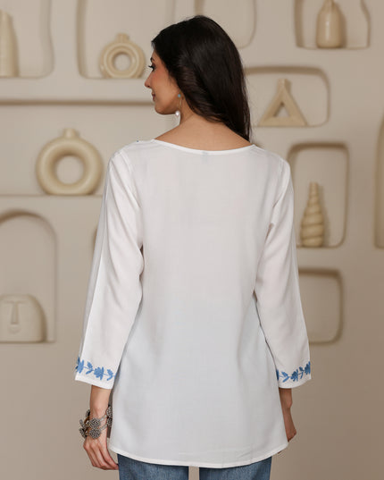 Qazmi Women Kashmiri Aari Embroidered A-Line Viscose Rayon Short Kurti with Full Sleeves