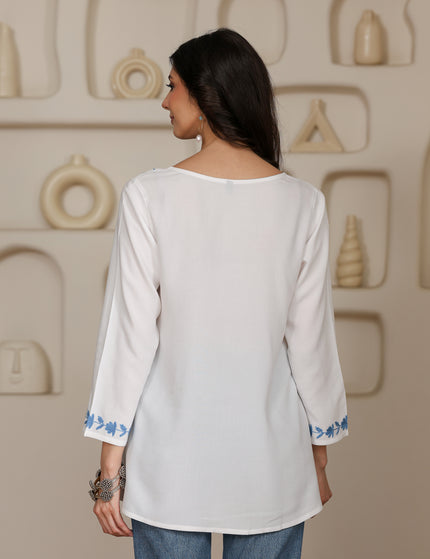 Qazmi Women Kashmiri Aari Embroidered A-Line Viscose Rayon Short Kurti with Full Sleeves