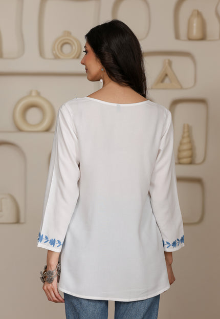 Qazmi Women Kashmiri Aari Embroidered A-Line Viscose Rayon Short Kurti with Full Sleeves