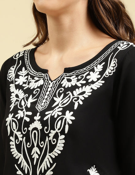 Black Off White Boota Aari Long Kurti For Women