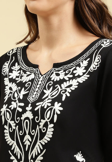 Black Off White Boota Aari Long Kurti For Women