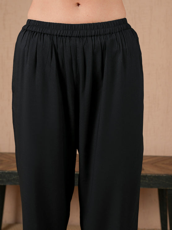 Qazmi Women's Aari Work V-Neck Black CoOrd Set