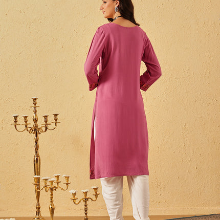 Qazmi Women's Huma Kashmiri Aari Work Keyhole Neck Pink Straight Kurta