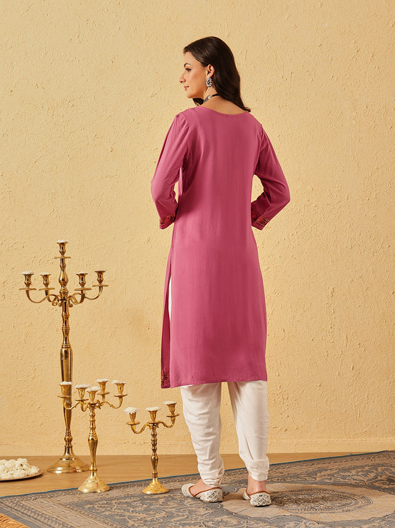 Qazmi Women's Huma Kashmiri Aari Work Keyhole Neck Pink Straight Kurta