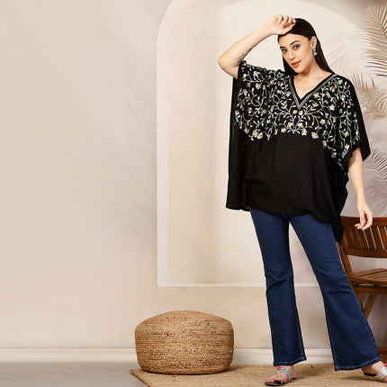 QAZMI Sheen V-Neck Flared Sleeves Kashmiri Aari Work Kaftan Kurti