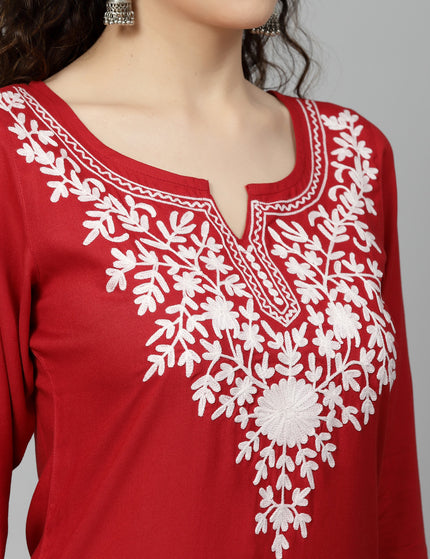Red Offwhite Aari Long Kurti For Women