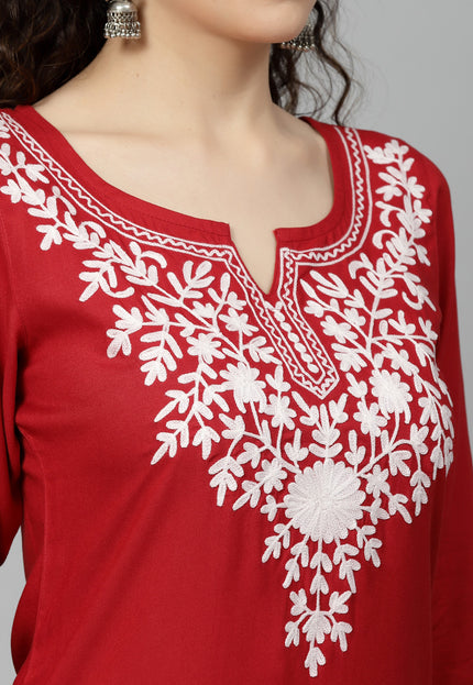 Red Offwhite Aari Long Kurti For Women