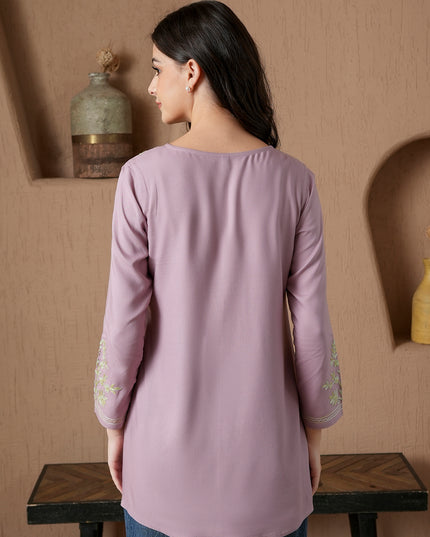 Qazmi Women's Kashmiri A-Line Full Sleeves Viscose Rayon Black Flared Short Kurti