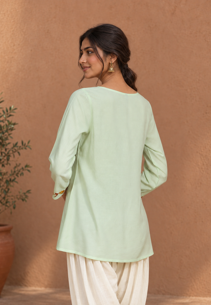Qazmi Women Kashmiri Aari Embroidered A-Line Viscose Rayon Short Kurti with Full Sleeves