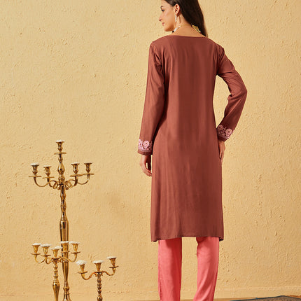 Qazmi Women's Firdousi Kashmiri Aari Work Brown Straight Kurta