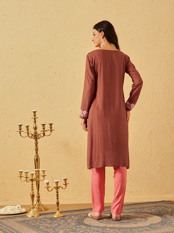 Qazmi Women's Firdousi Kashmiri Aari Work Brown Straight Kurta