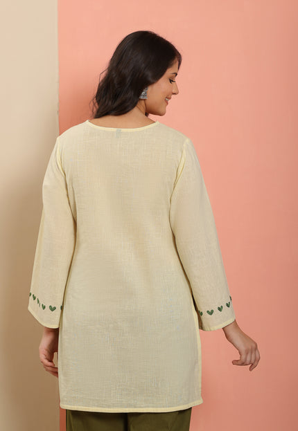 Qazmi Women Pure Cotton Square-Neck Aari  Embroidered Short Kurti