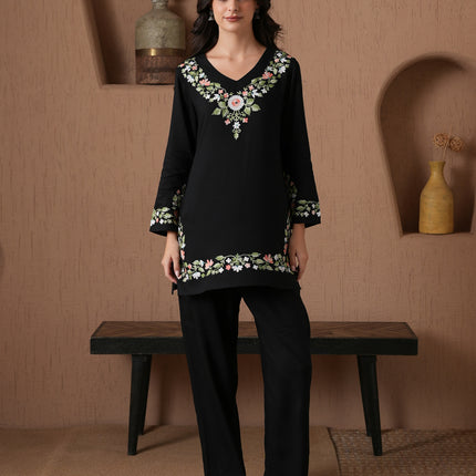 Qazmi Women's Aari Work V-Neck Black CoOrd Set