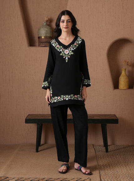 Qazmi Women's Aari Work V-Neck Black CoOrd Set