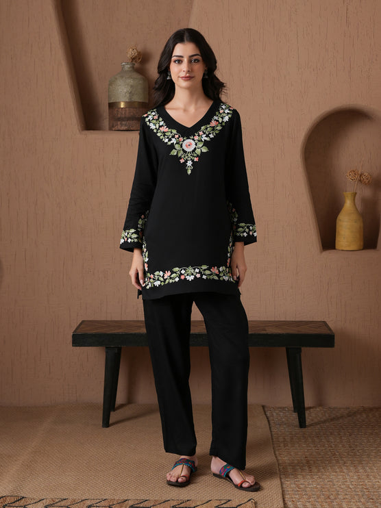 Qazmi Women's Aari Work V-Neck Black CoOrd Set