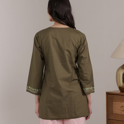 Qazmi Women Aari Embroidered Pure Cotton Short Kurta with Full Sleeves