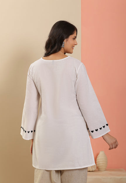 Qazmi Women Pure Cotton Square-Neck Aari  Embroidered Short Kurti