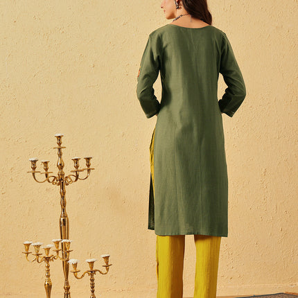 Qazmi Women's Zaynab Kashmiri Aari Work Cotton Linen Olive Green Kurta