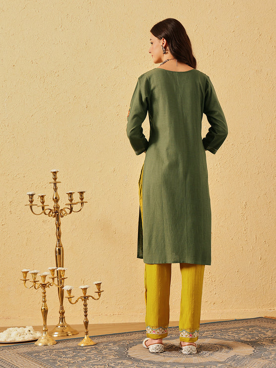 Qazmi Women's Zaynab Kashmiri Aari Work Cotton Linen Olive Green Kurta