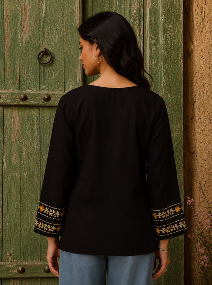 Qazmi Women's Amina Kashmiri Embroidered V-Neck Short Kurti