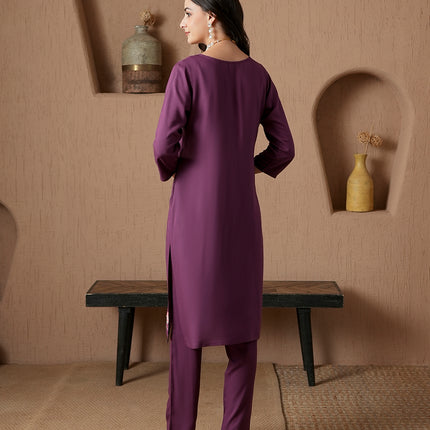 Qazmi Women's Mysa Kashmiri Aari Work Dark Wine Kurta Set