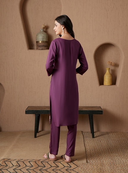 Qazmi Women's Mysa Kashmiri Aari Work Dark Wine Kurta Set