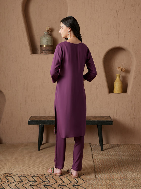 Qazmi Women's Mysa Kashmiri Aari Work Dark Wine Kurta Set