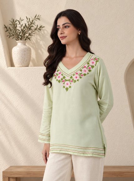 Qazmi Women's Ariana Kashmiri Embroidered V-Neck Short Kurti