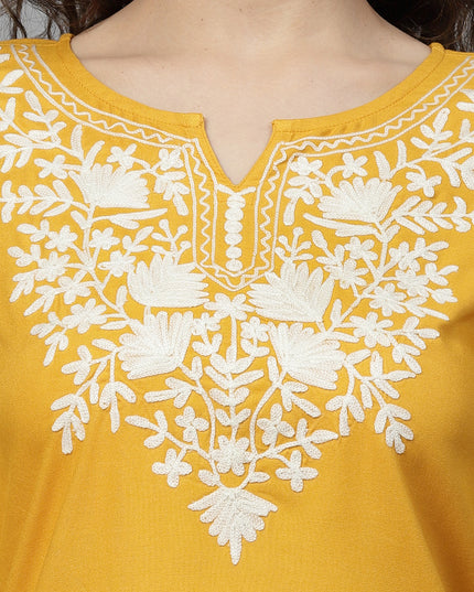 Musturd White Aari Short Kurti For Women