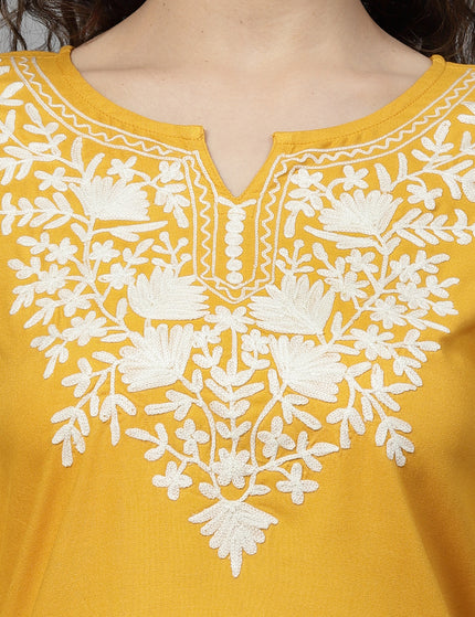 Musturd White Aari Short Kurti For Women