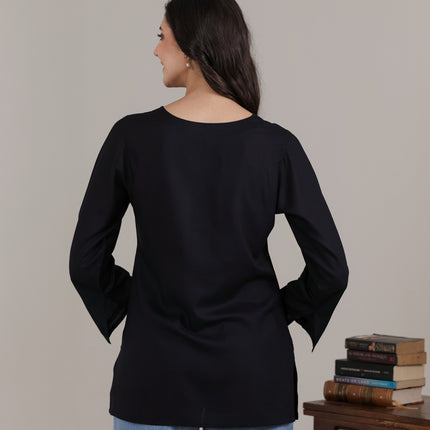 Qazmi Women Kashmiri Aari Embroidered Viscose Rayon Flared Sleeves Short Kurti